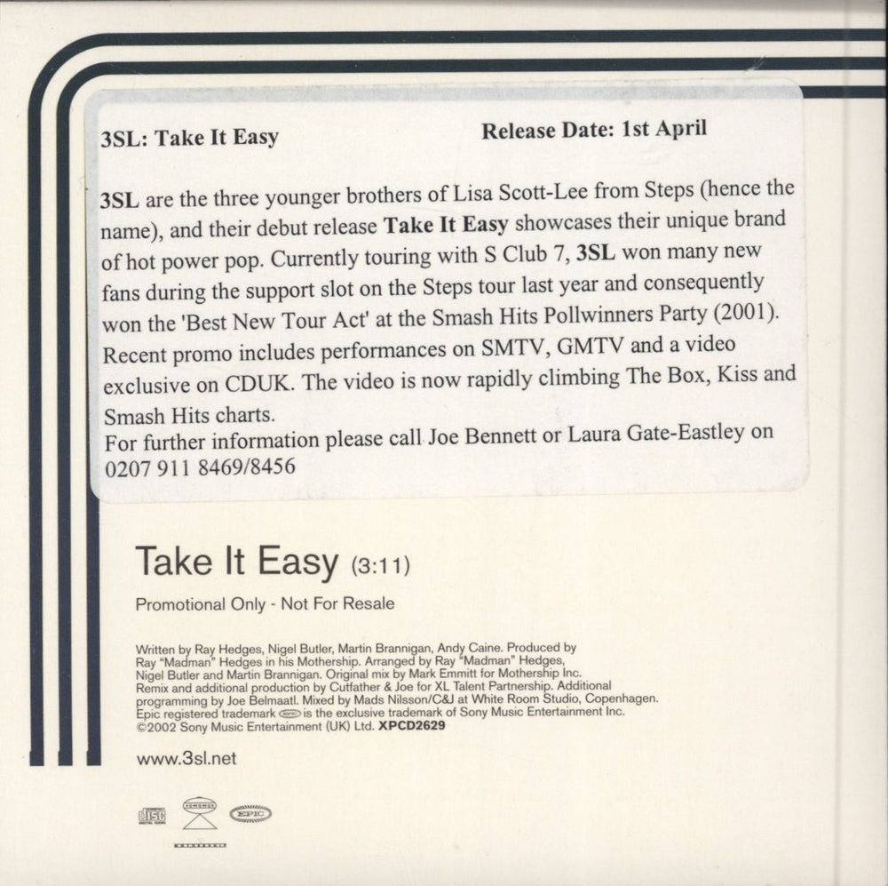 3SL Take It Easy UK Promo CD single (CD5 / 5") 3SLC5TA214031