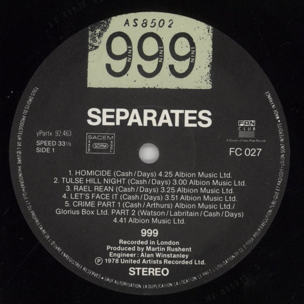 999 Separates French vinyl LP album (LP record) 999LPSE859969