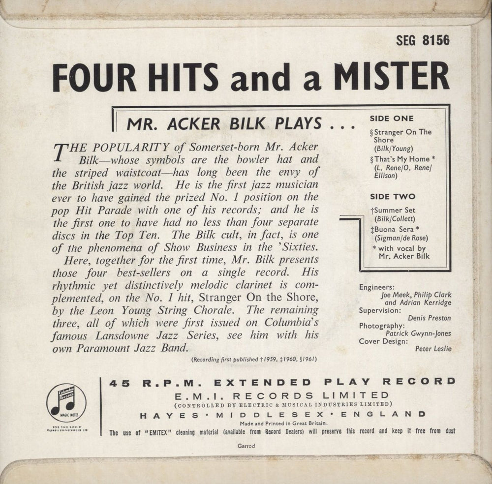 Acker Bilk Four Hits And A Mister UK 7" vinyl single (7 inch record / 45)