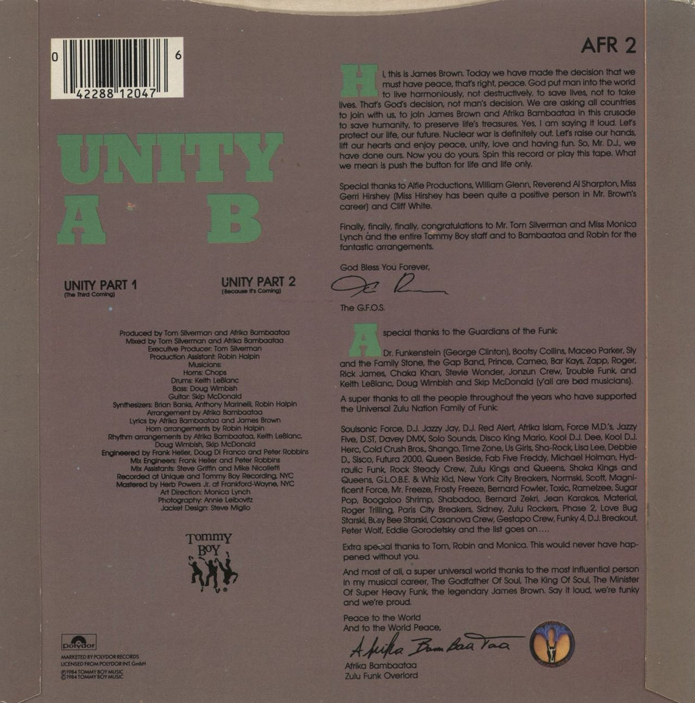 Afrika Bambaataa Unity UK 7" vinyl single (7 inch record / 45) 042288120476