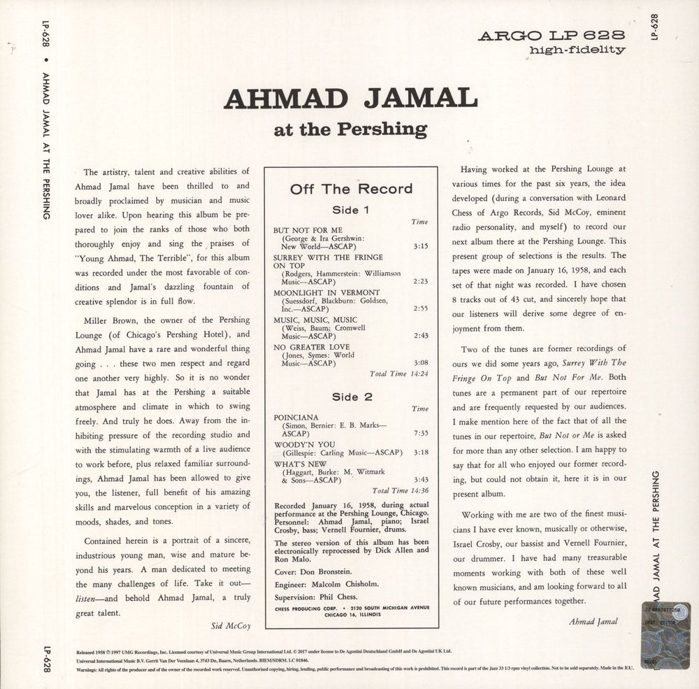 Ahmad Jamal At The Pershing - 180gm Vinyl + Booklet UK vinyl LP album (LP record) 9772052048033