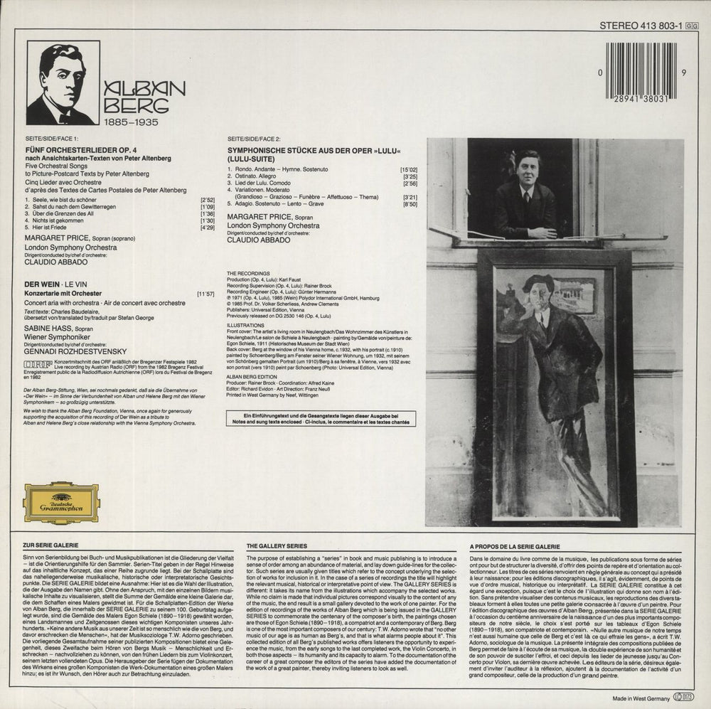 Alban Berg ltenberg-Lieder / Lulu-Suite / Der Wein German vinyl LP album (LP record) 028941380319