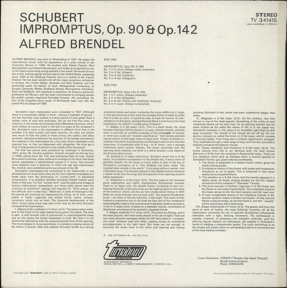 Alfred Brendel Schubert: Improptus Op. 90 & 142 UK vinyl LP album (LP record)