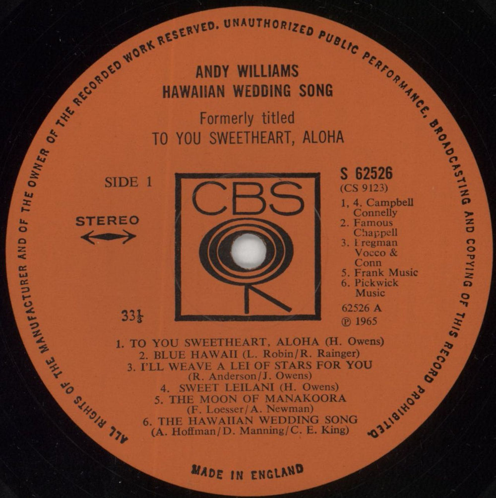 Andy Williams Hawaiian Wedding Song UK vinyl LP album (LP record) AWILPHA849108