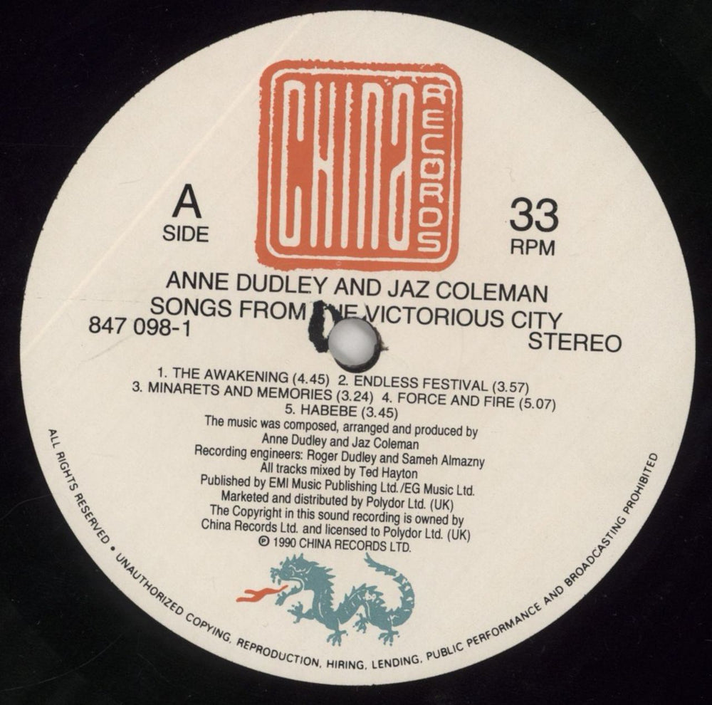 Anne Dudley & Jaz Coleman Songs From The Victorious City UK vinyl LP album (LP record) ADJLPSO199827