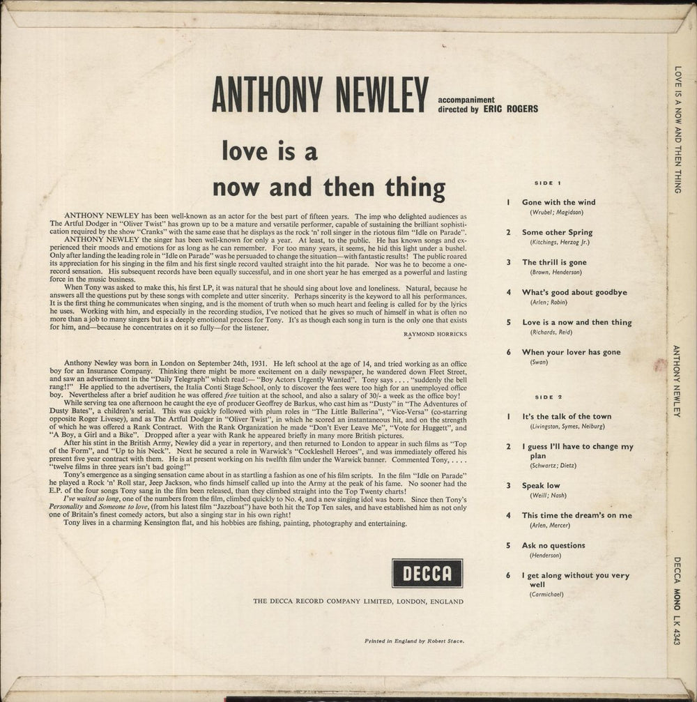 Anthony Newley Love Is A Now And Then Thing UK vinyl LP album (LP record)