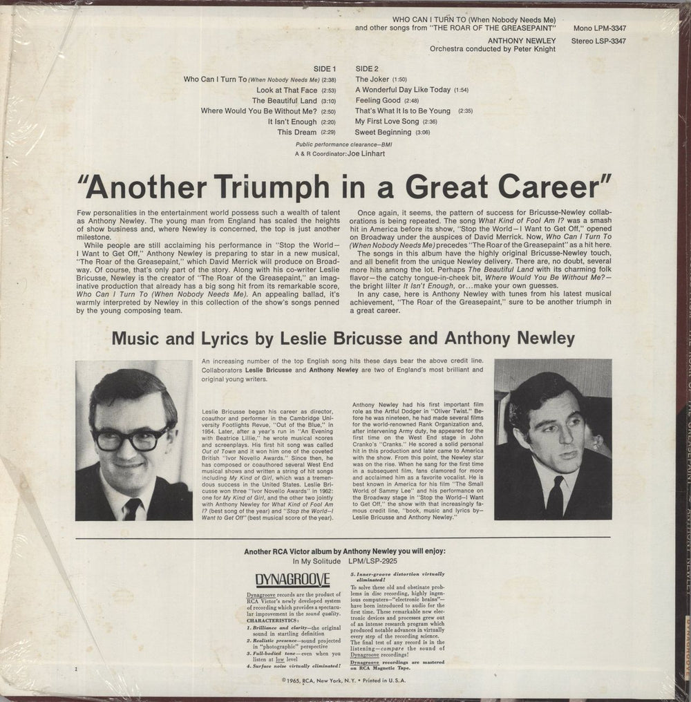 Anthony Newley Who Can I Turn To And Other Songs From The Roar Of Greasepaint US vinyl LP album (LP record)