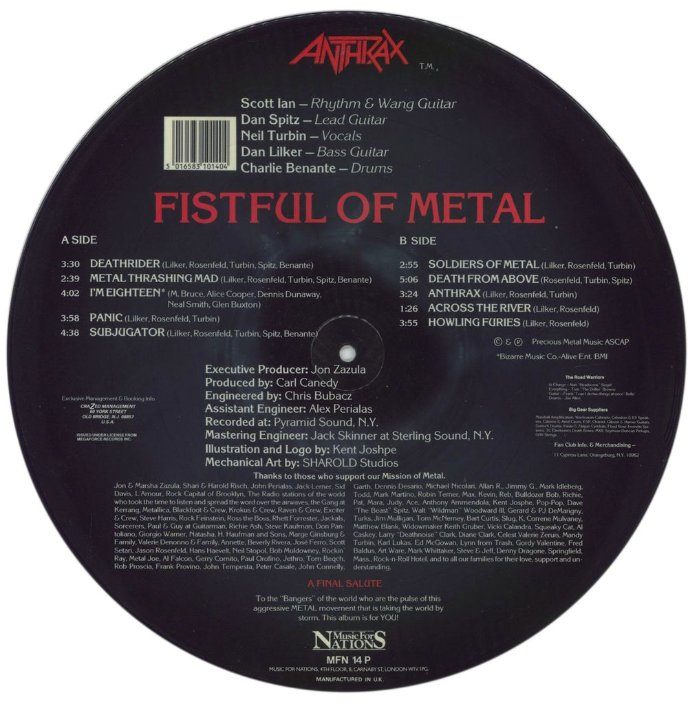 Anthrax Fistful Of Metal UK picture disc LP (vinyl picture disc album) 5016583101404