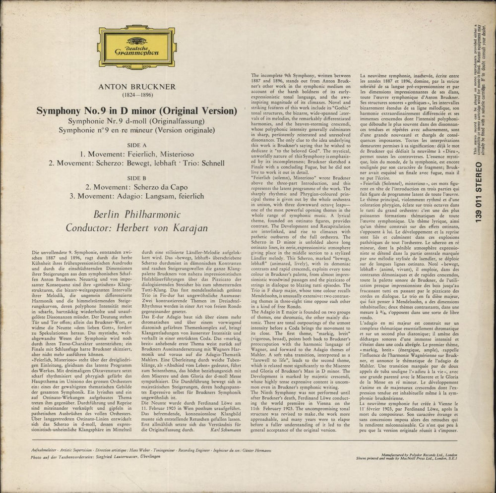Anton Bruckner Bruckner: Symphonie Nr. 9 D-moll UK vinyl LP album (LP record)
