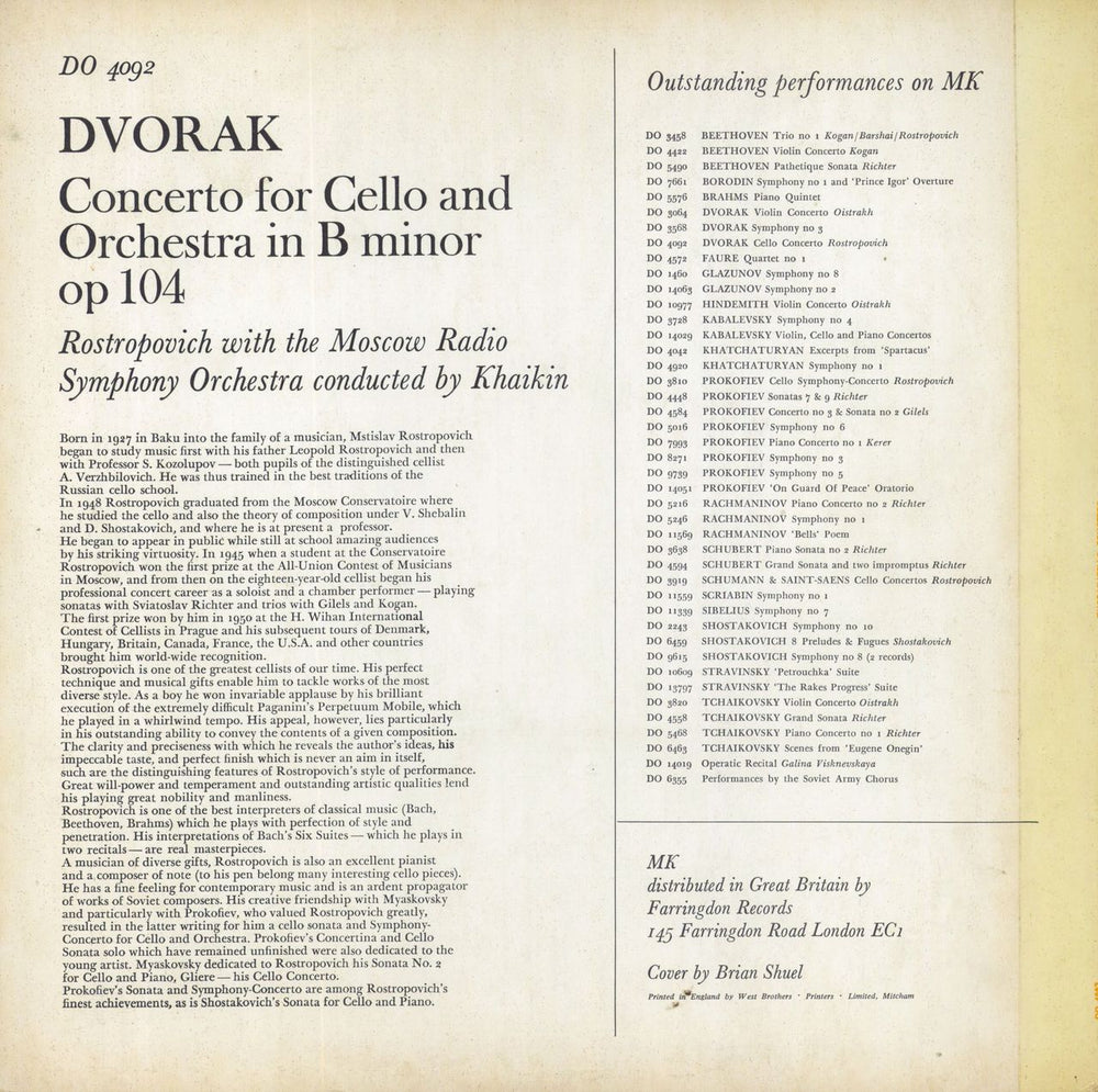 Antonín Dvorák Cello Concerto UK vinyl LP album (LP record)