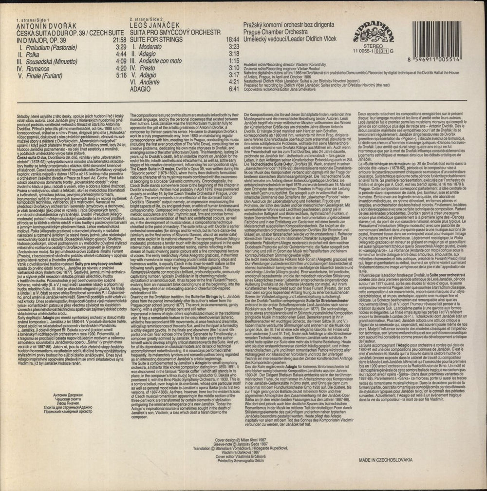 Antonín Dvorák Czech Suite / Suite For Strings & Adagio Czech vinyl LP album (LP record) 8596911005514