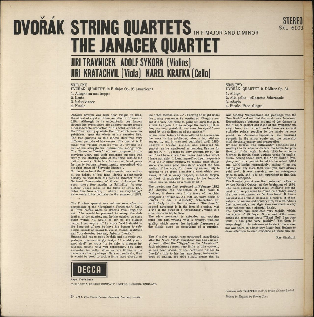 Antonín Dvorák String Quartets In F Major, Op. 96 & D Minor, Op. 34 UK vinyl LP album (LP record)