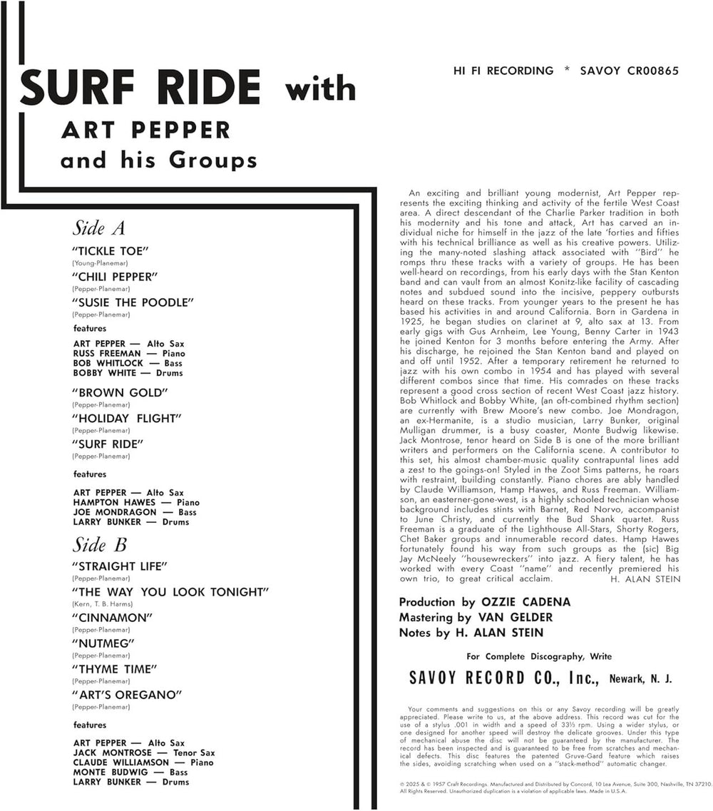 Art Pepper Surf Ride - Original Jazz Classics Series - 180 Gram Black Vinyl - Sealed US vinyl LP album (LP record) 888072685062