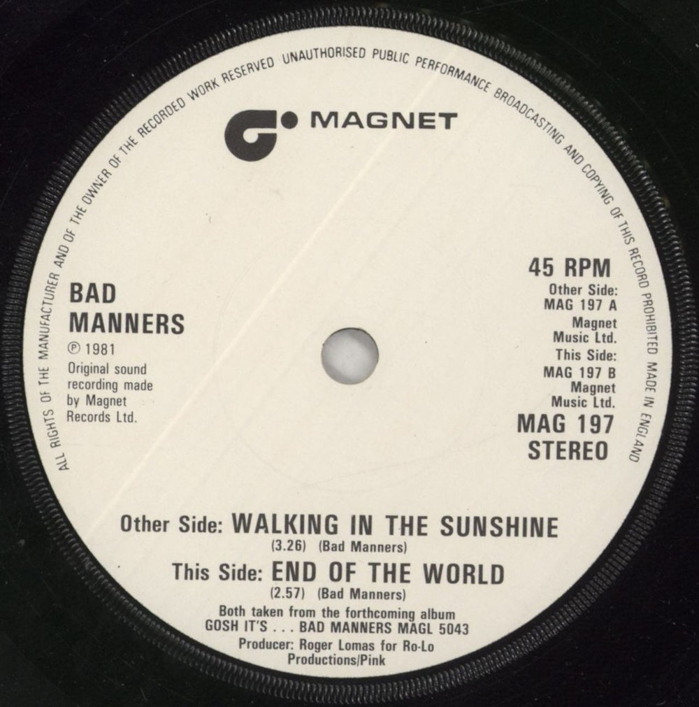 Bad Manners Walking In The Sunshine UK 7" vinyl single (7 inch record / 45) BMA07WA86672