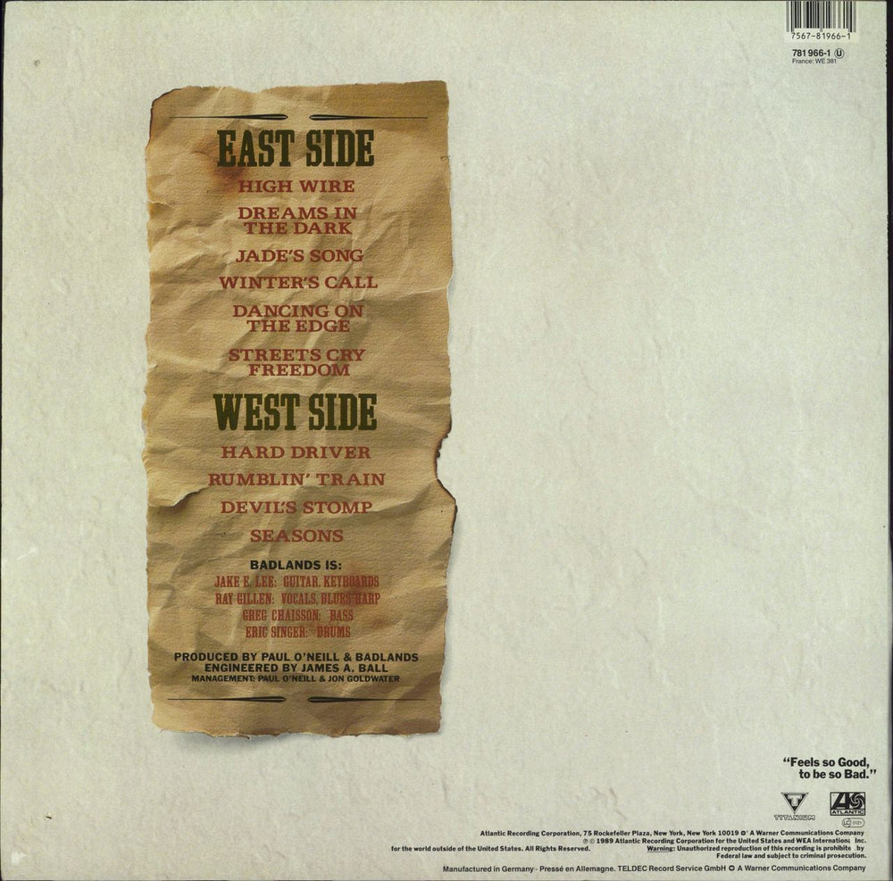 Badlands Badlands German vinyl LP album (LP record) 075678196614