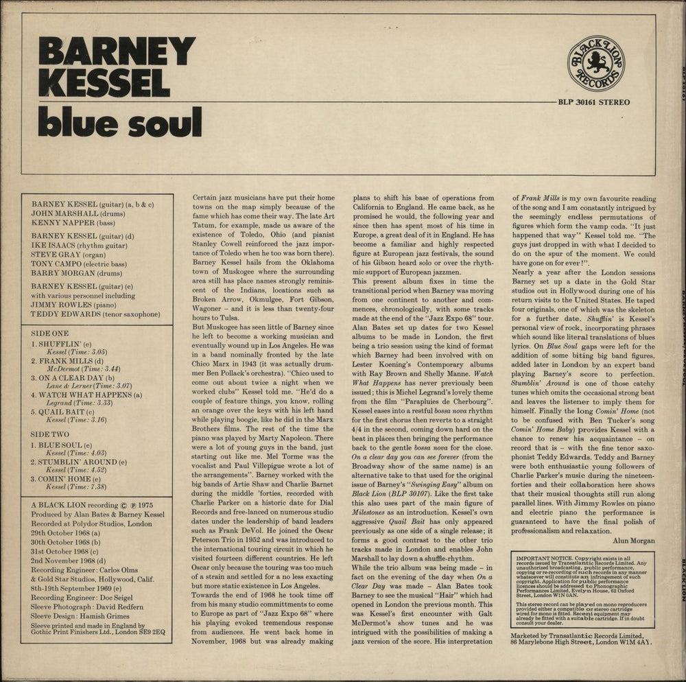 Barney Kessel Blue Soul UK vinyl LP album (LP record)