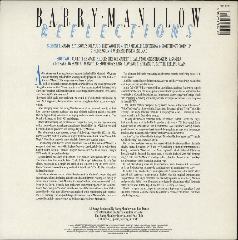 Barry Manilow Reflections UK vinyl LP album (LP record) 5010946123119