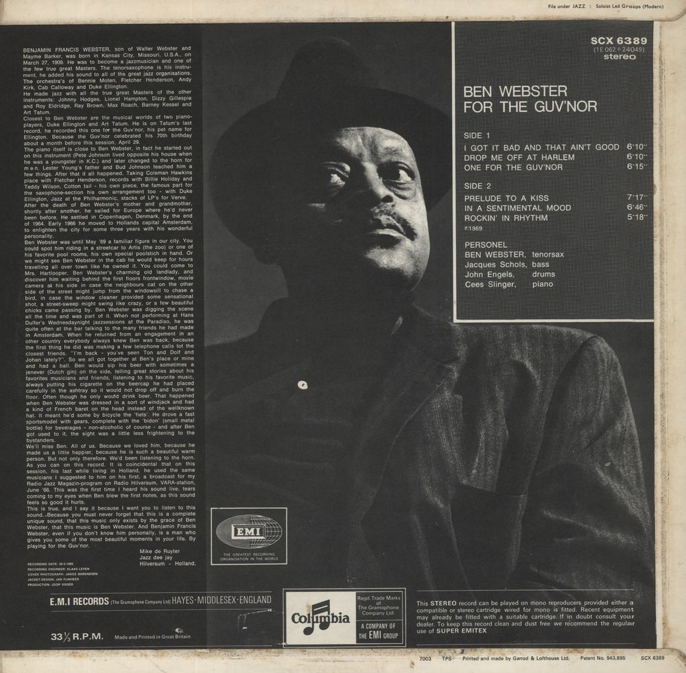 Ben Webster For The Guv'nor UK vinyl LP album (LP record)