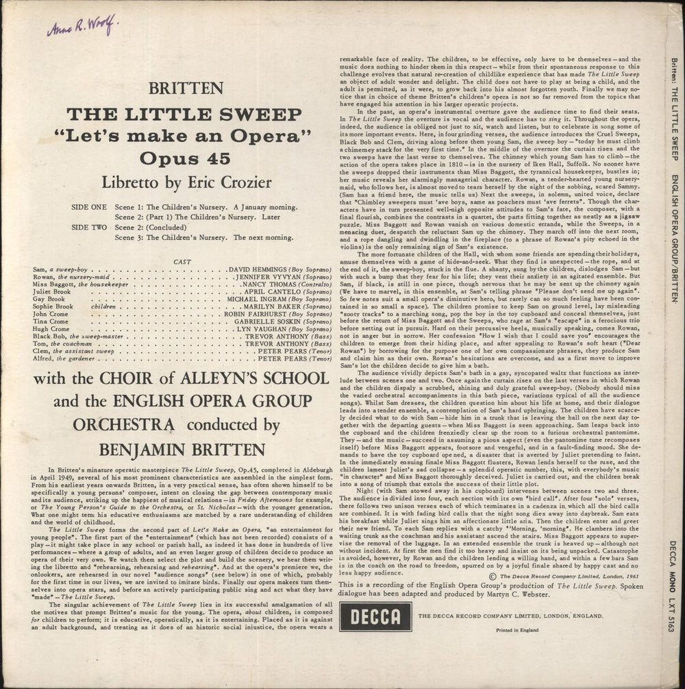 Benjamin Britten Britten: The Little Sweep (Let's Make An Opera) Opus 45 UK vinyl LP album (LP record)