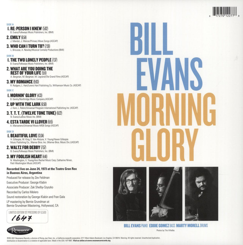 Bill Evans (Piano) Morning Glory: The 1973 Concert At The Teatro Gran Rex, Buenos Aires - RSD '22 - 180 Gram US 2-LP vinyl record set (Double LP Album) 617270122778