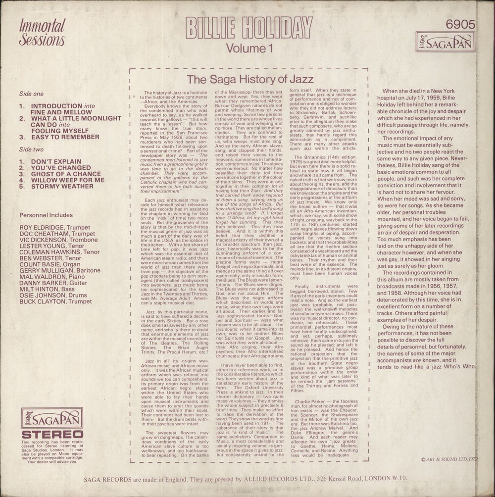 Billie Holiday Volume 1 UK vinyl LP album (LP record)