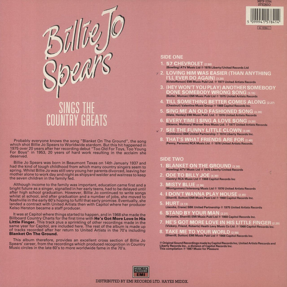 Billie Jo Spears Billie Jo Spears Sings The Country Greats UK vinyl LP album (LP record) 5099941578414