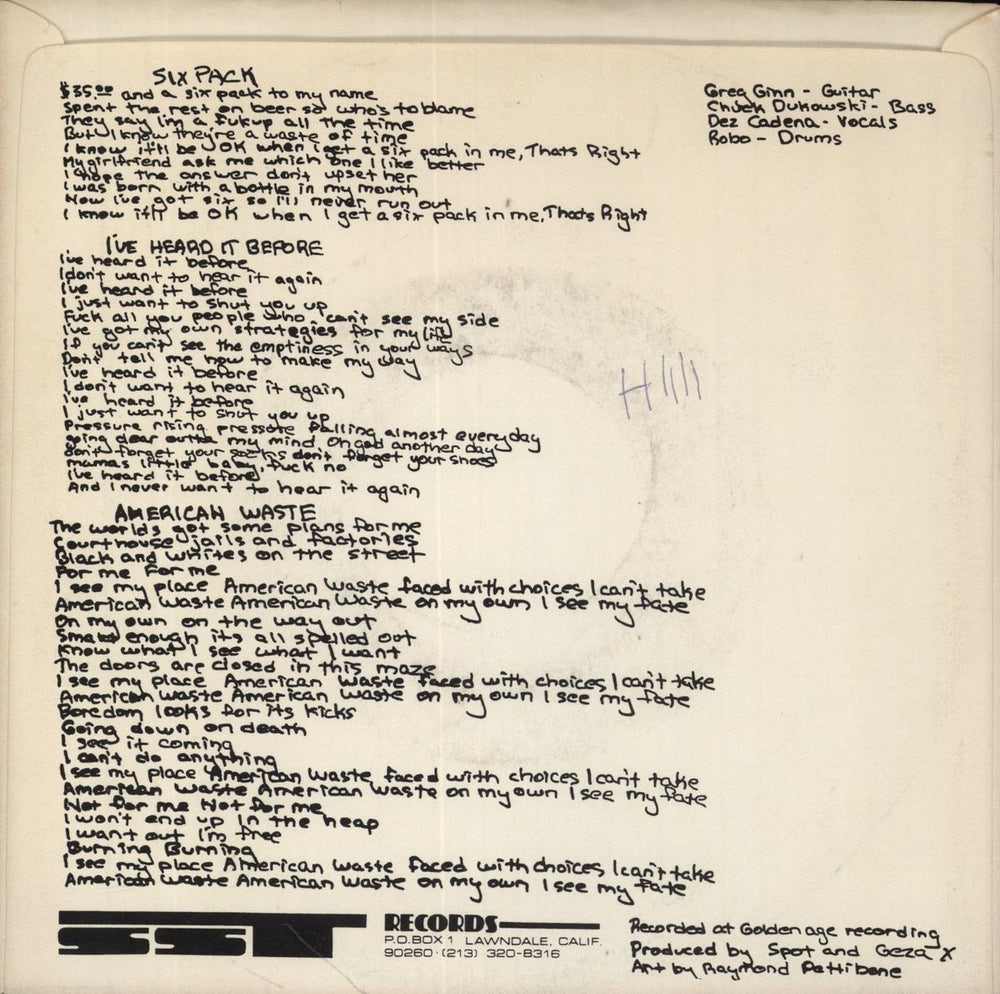 Black Flag Six Pack - 1st - Autographed UK 7" vinyl single (7 inch record / 45)