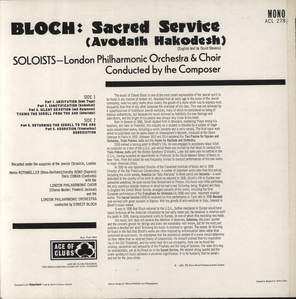 Bloch Bloch: Sacred Service (Avodath Hakodesh) UK vinyl LP album (LP record)