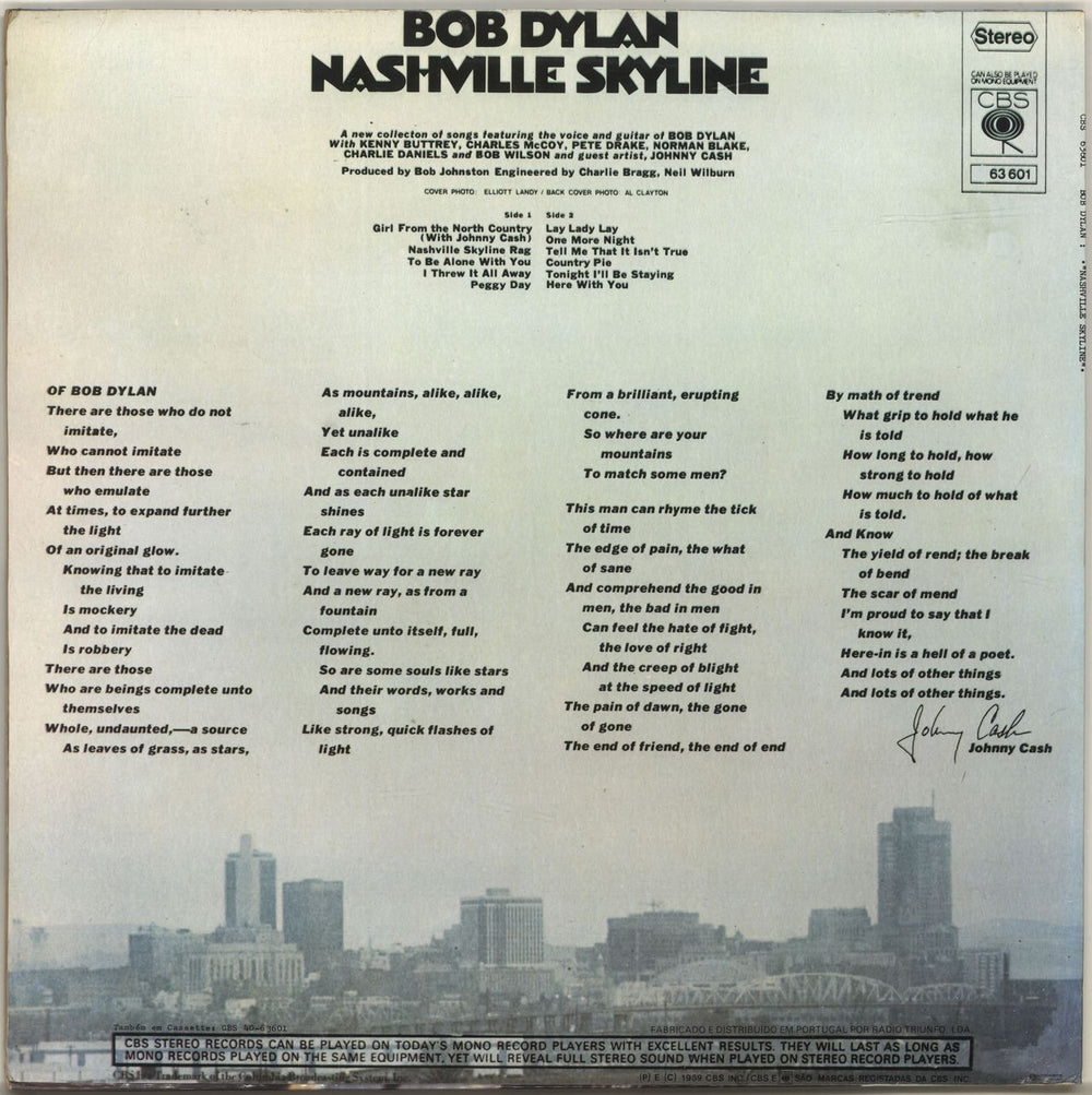 Bob Dylan Nashville Skyline Portugese vinyl LP album (LP record)