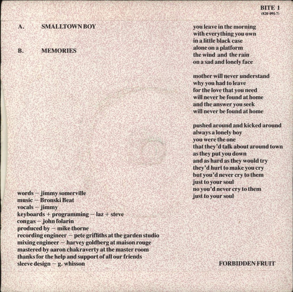 Bronski Beat Smalltown Boy UK 7" vinyl single (7 inch record / 45)