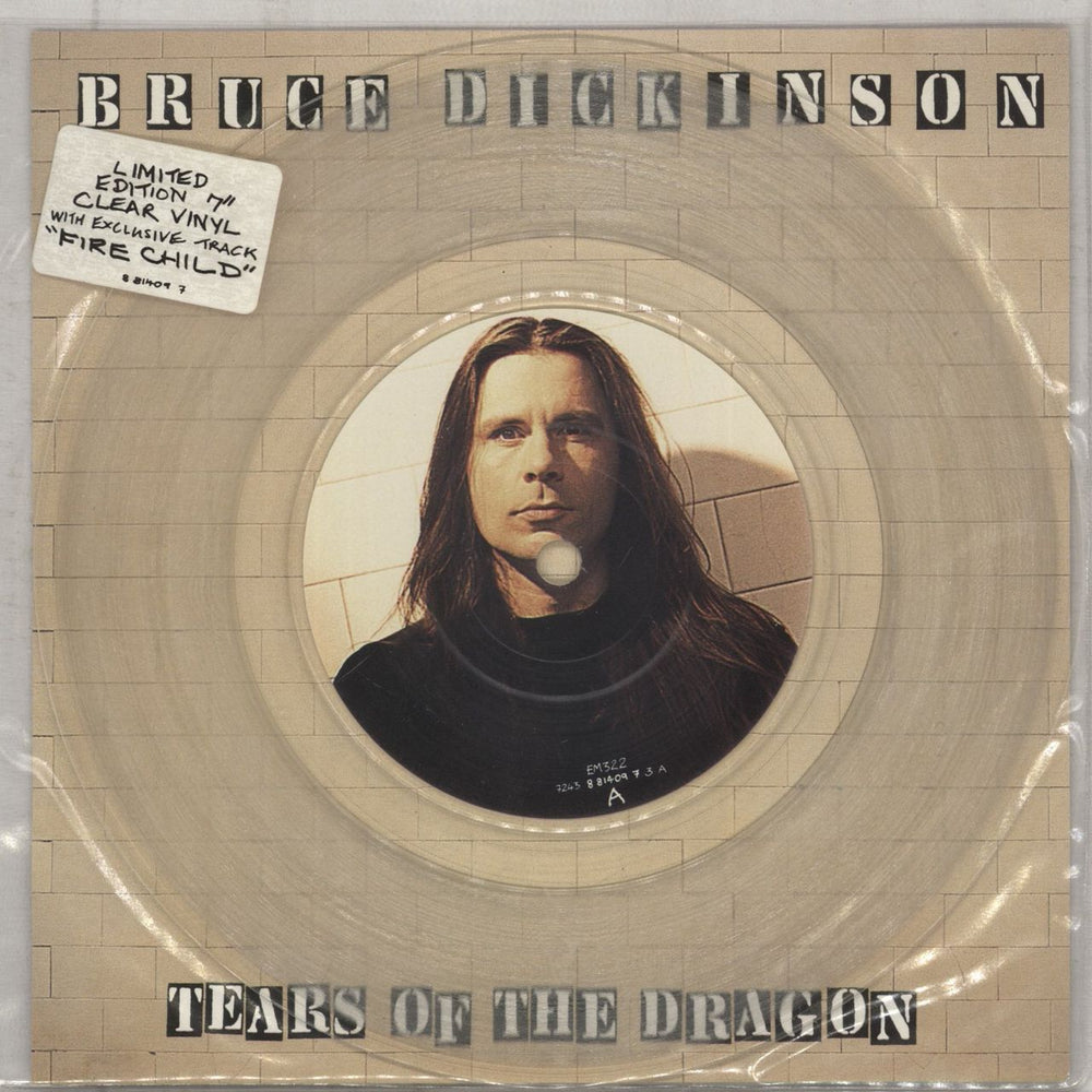 Bruce Dickinson Tears Of The Dragon - PVC sleeve with Sticker UK 7" vinyl single (7 inch record / 45) EM322