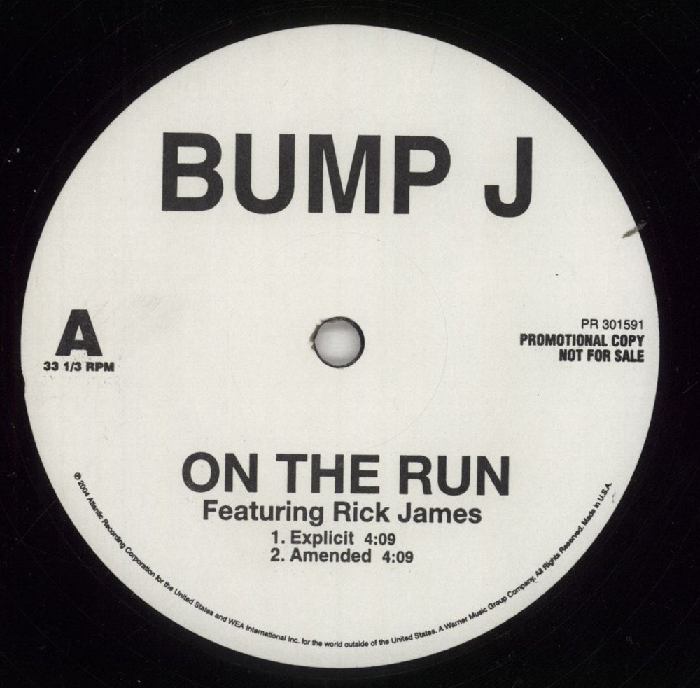 Bump J On The Run / Bump J US Promo 12" vinyl single (12 inch record / Maxi-single) PR301591