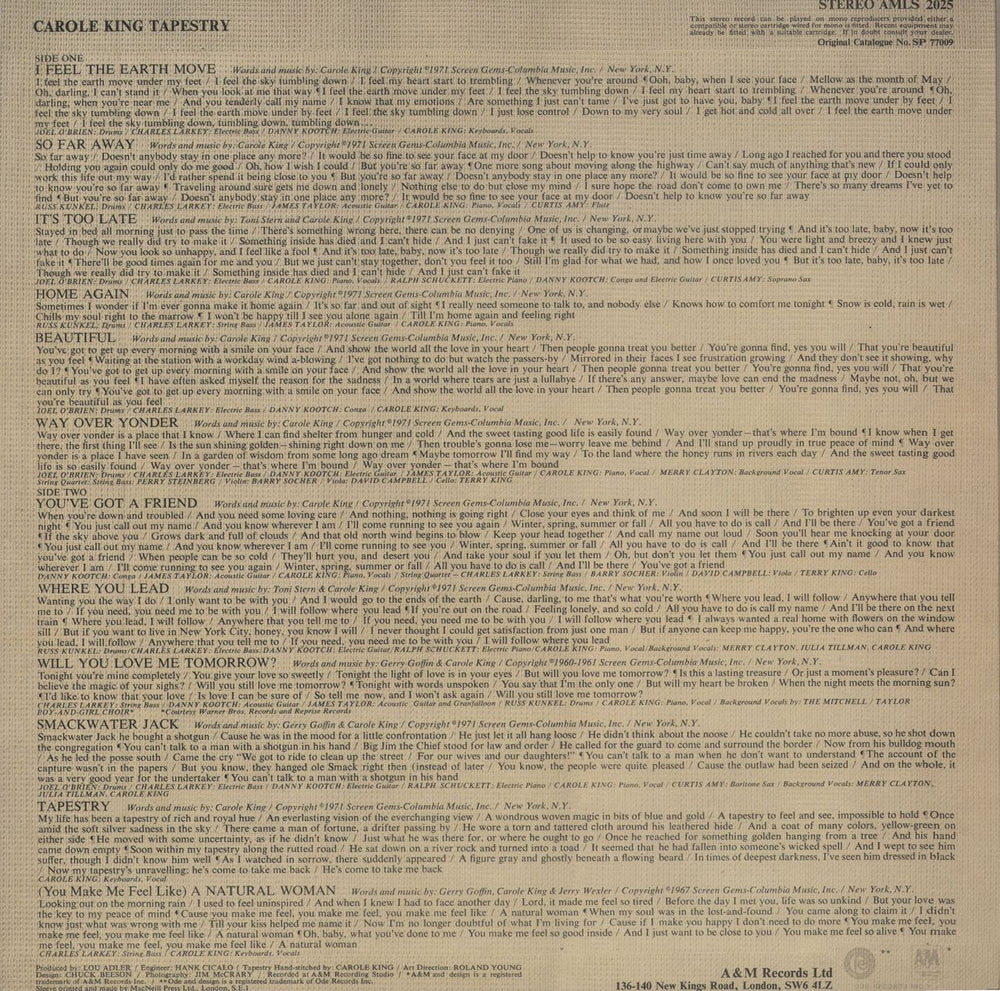 Carole King Tapestry - 2nd UK vinyl LP album (LP record)