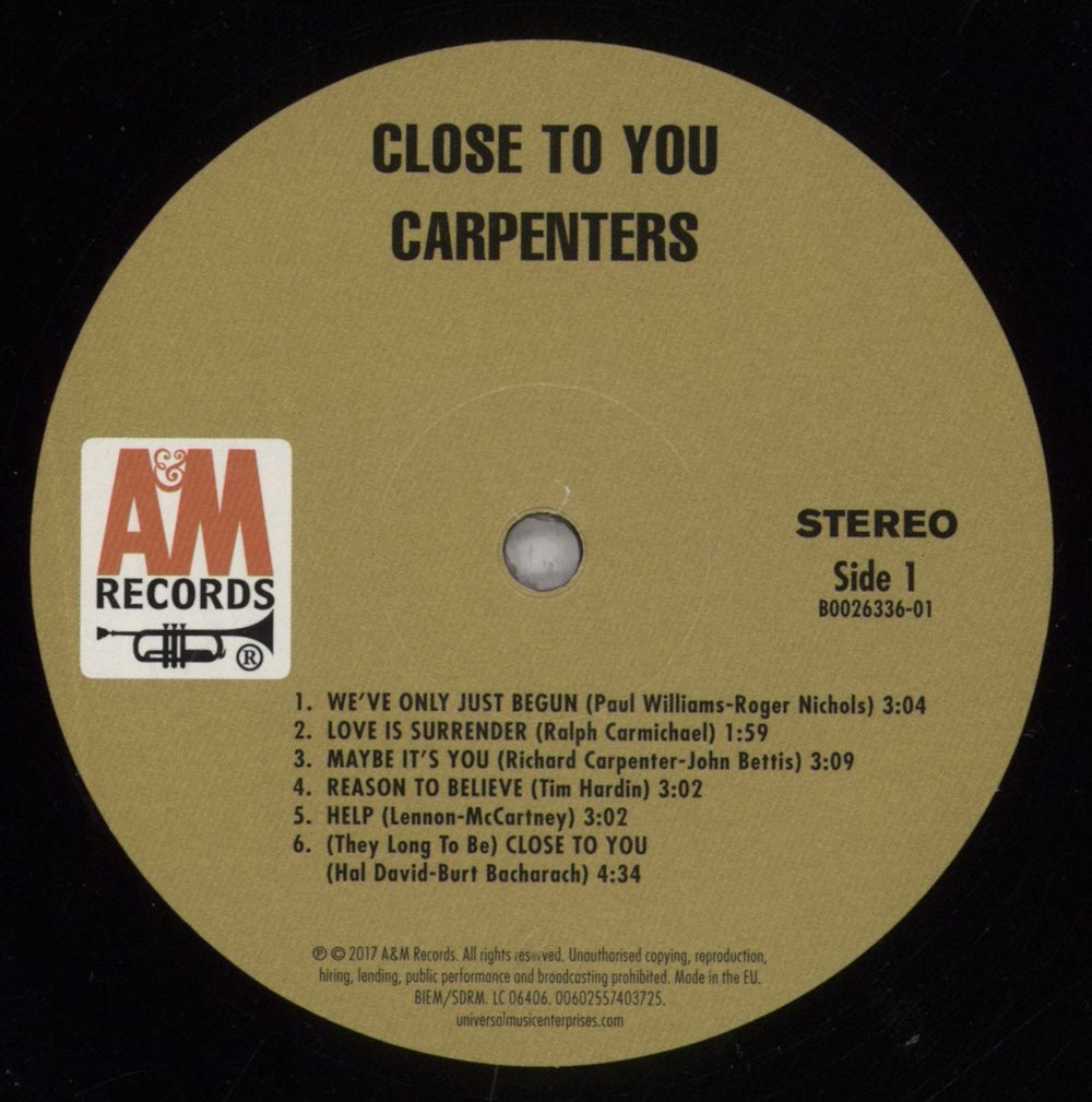 Carpenters Close To You - 180 Gram Vinyl US vinyl LP album (LP record) CRPLPCL837733