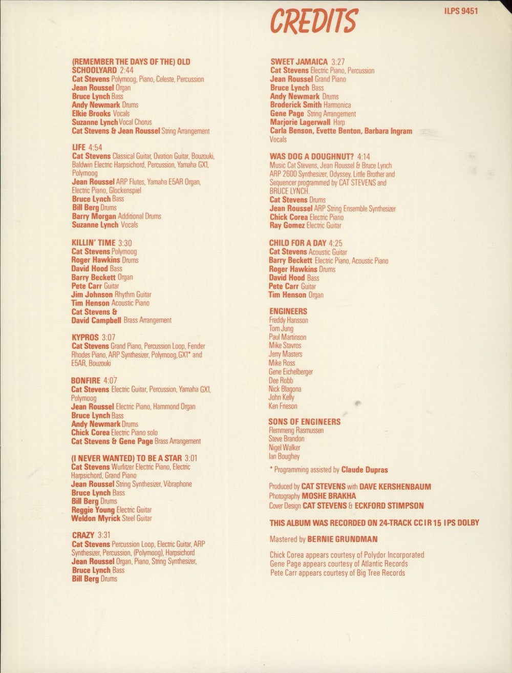 Cat Stevens Izitso + Credits Insert UK vinyl LP album (LP record)