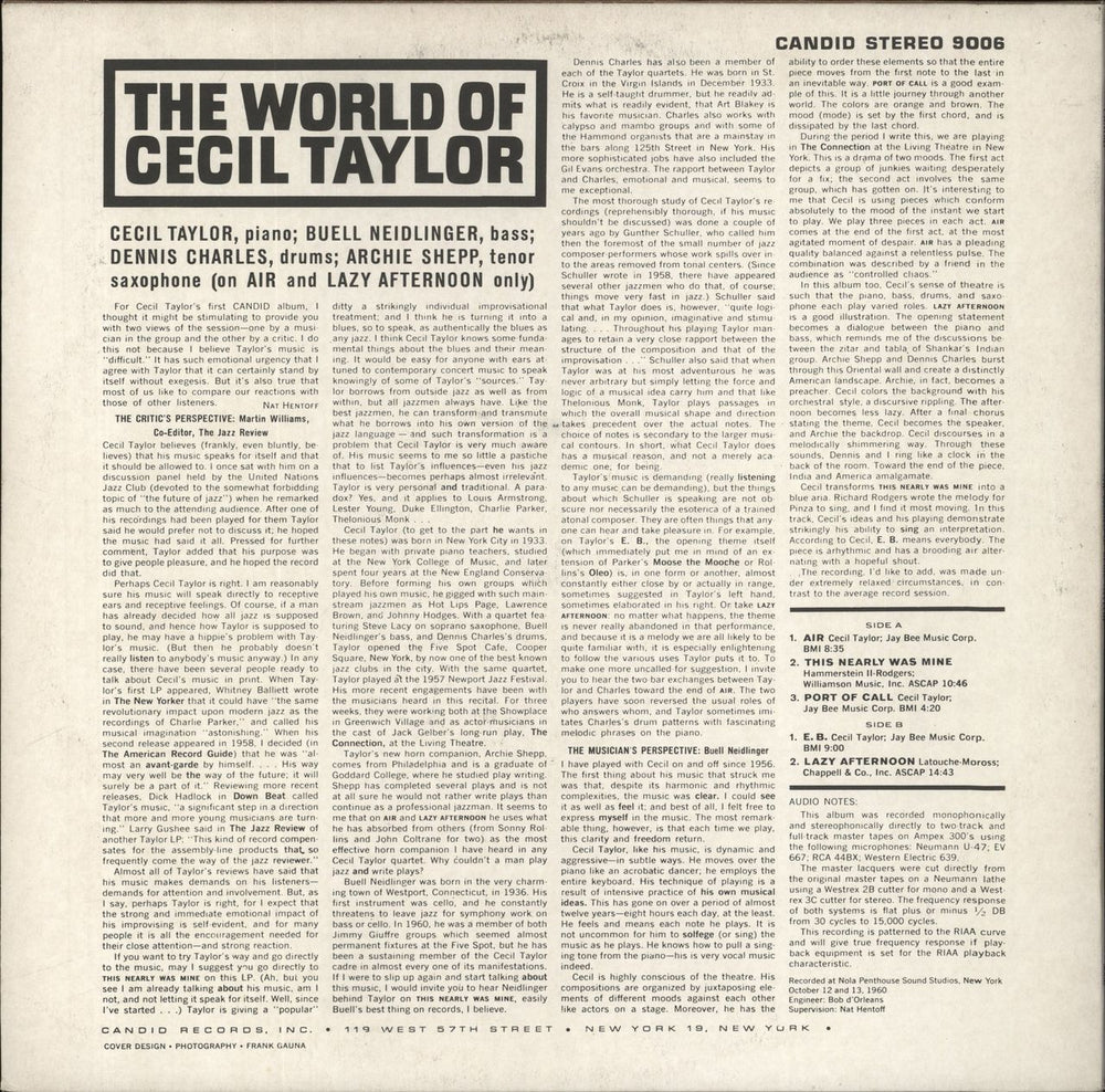 Cecil Taylor The World Of US vinyl LP album (LP record)