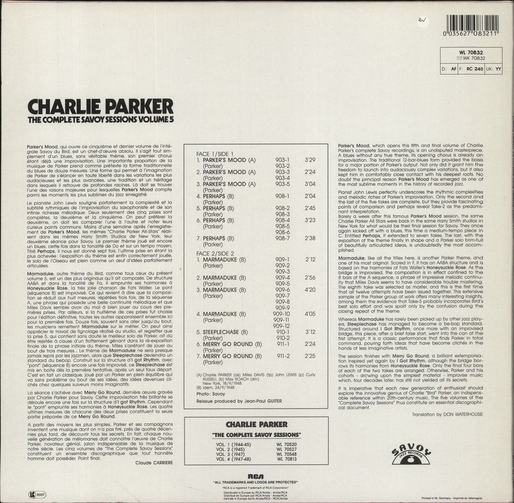 Charlie Parker The Complete Savoy Sessions Volume 5 German vinyl LP album (LP record)