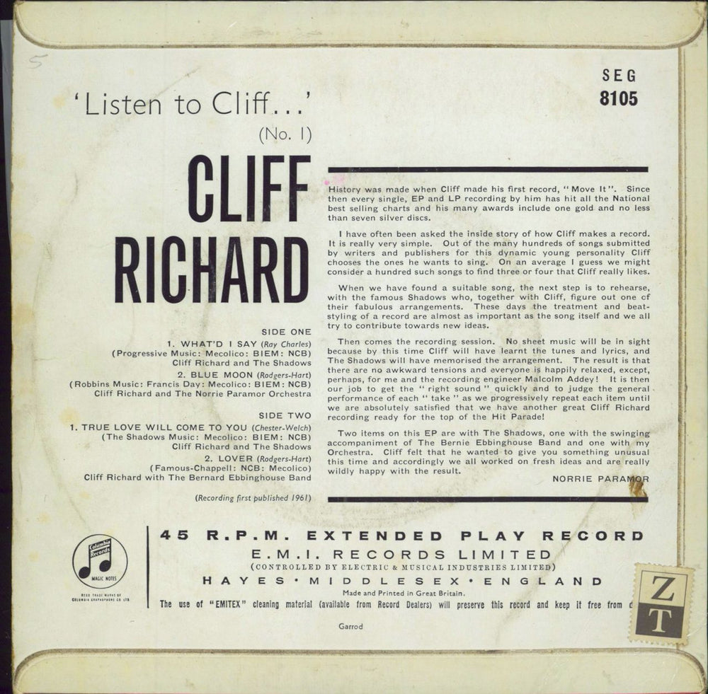 Cliff Richard Listen To Cliff (No.1) - VG UK 7" vinyl single (7 inch record / 45)