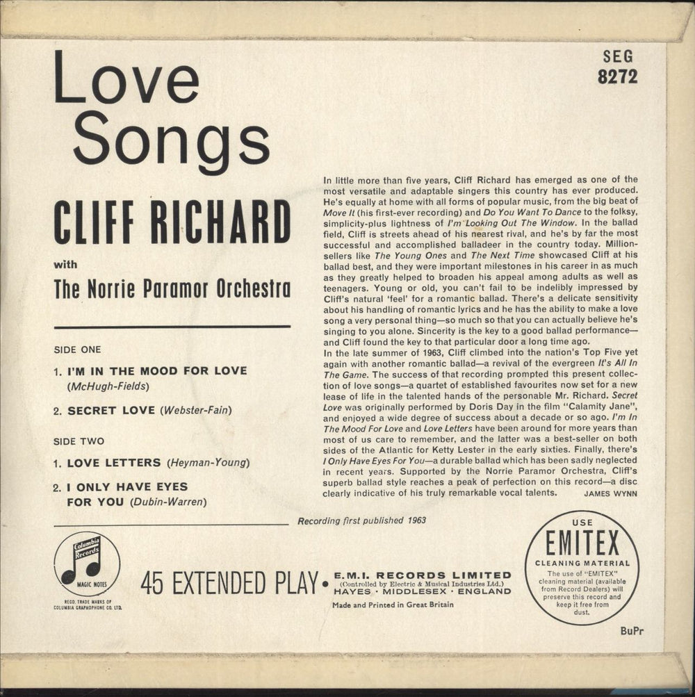 Cliff Richard Love Songs EP - Ex UK 7" vinyl single (7 inch record / 45)