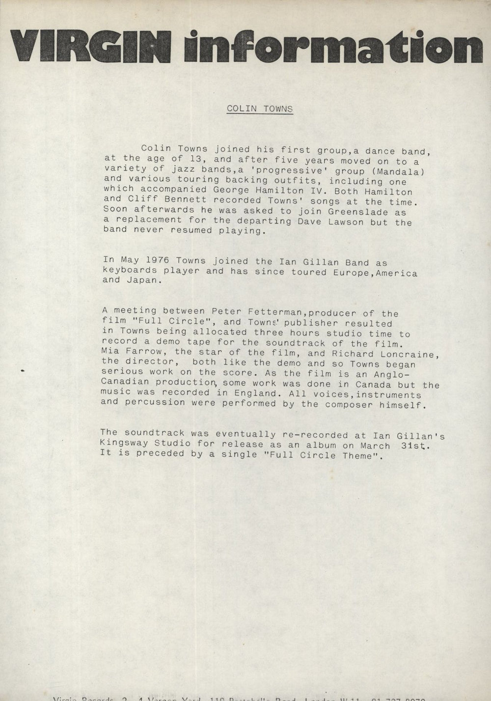 Colin Towns Full Circle + Press Release UK vinyl LP album (LP record)