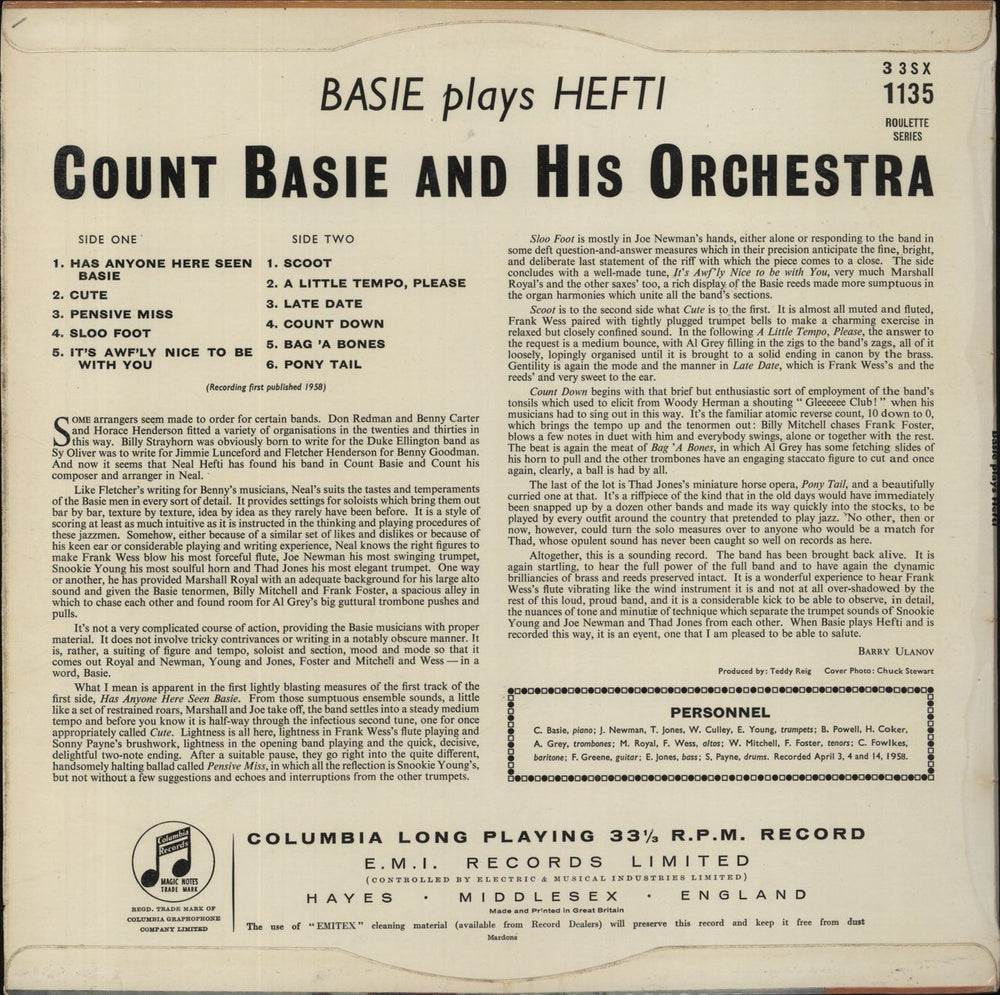 Count Basie Basie Plays Hefti UK vinyl LP album (LP record)