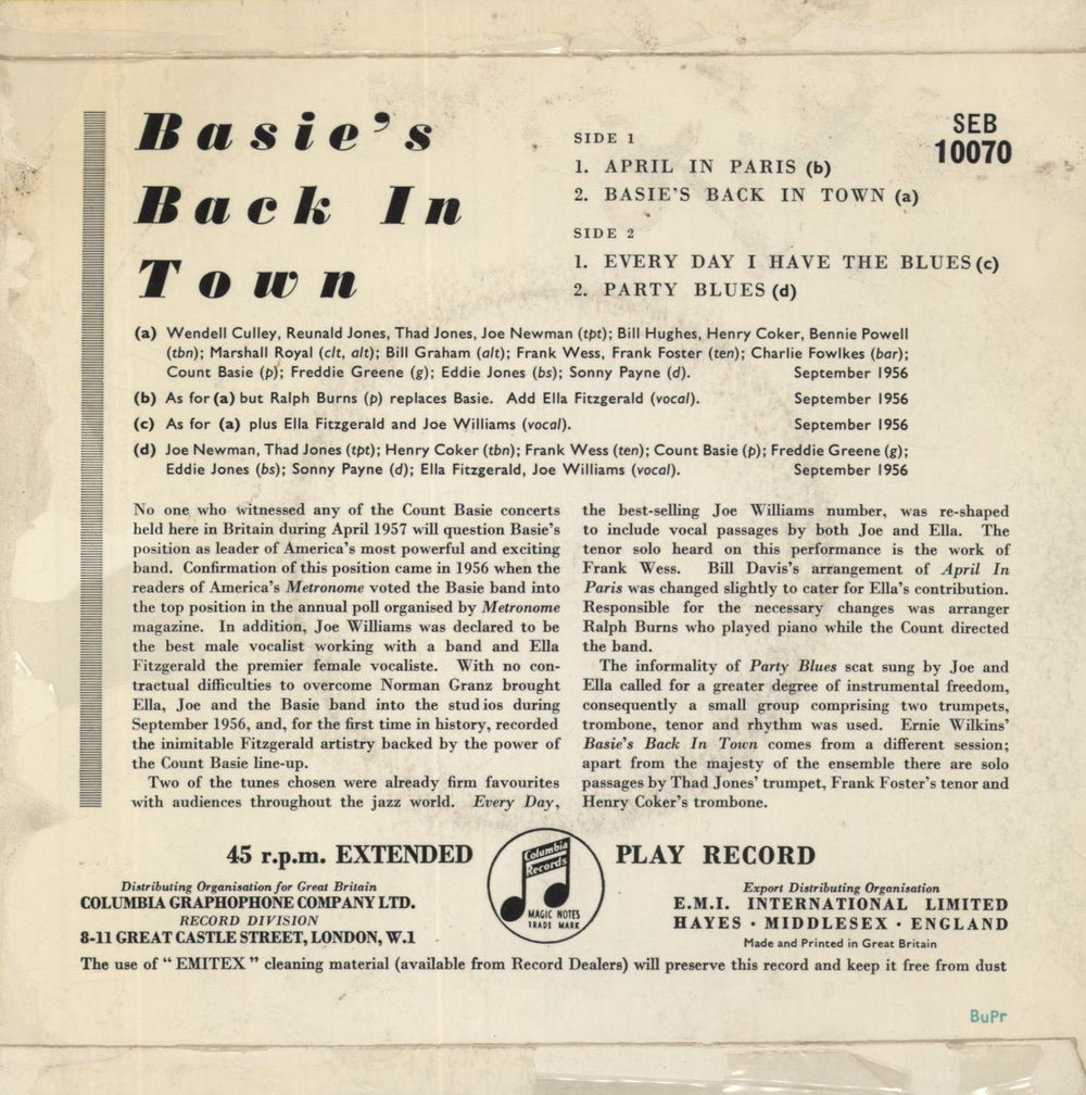 Count Basie Basie's Back In Town - EX UK 7" vinyl single (7 inch record / 45)
