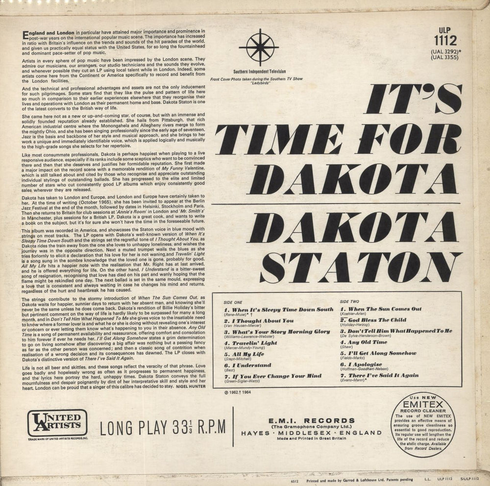 Dakota Staton It's Time For Dakota UK vinyl LP album (LP record) ULP1112