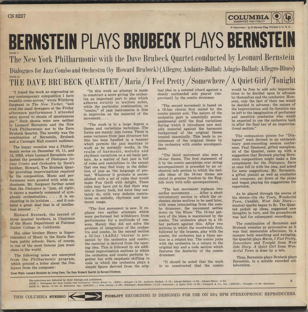 Dave Brubeck Bernstein Plays Brubeck Plays Bernstein US vinyl LP album (LP record)