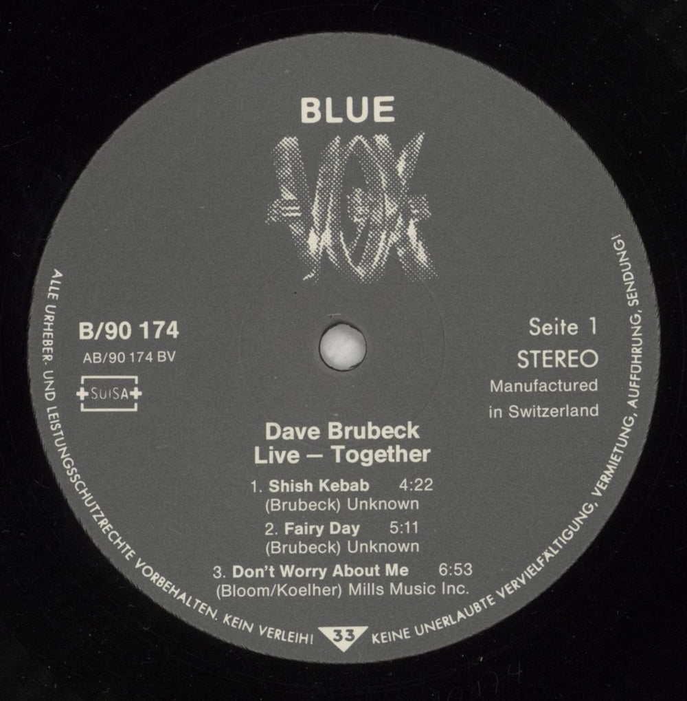 Dave Brubeck Live - Together Swiss vinyl LP album (LP record) DBRLPLI610667