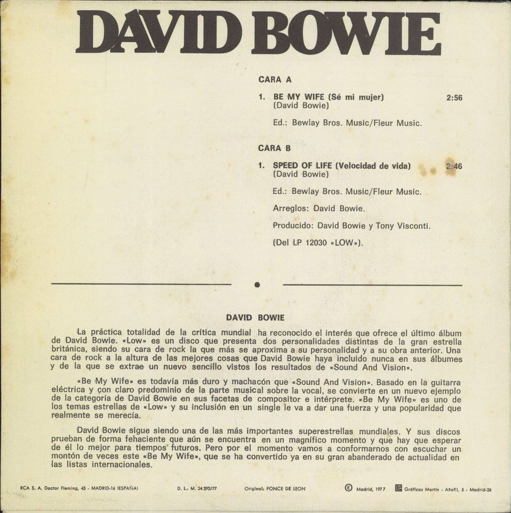 David Bowie Be My Wife - EX Spanish 7" vinyl single (7 inch record / 45)