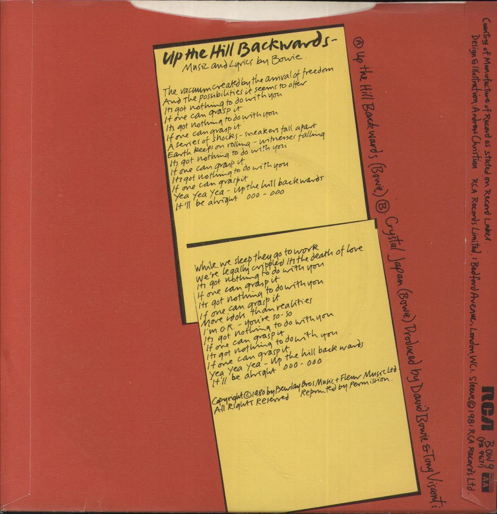 David Bowie Up The Hill Backwards - 4pr + p/s UK 7" vinyl single (7 inch record / 45)