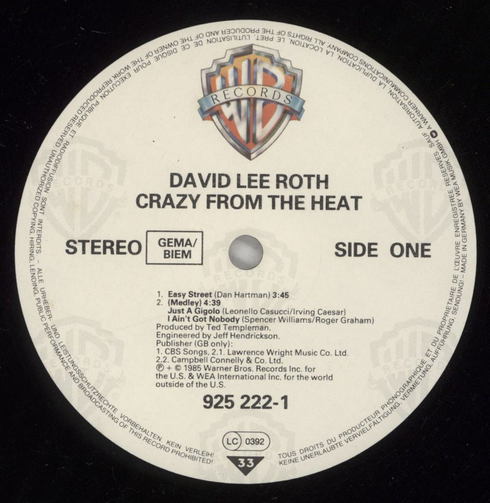 David Lee Roth Crazy From The Heat - Label variant German 12" vinyl single (12 inch record / Maxi-single) DLR12CR875230