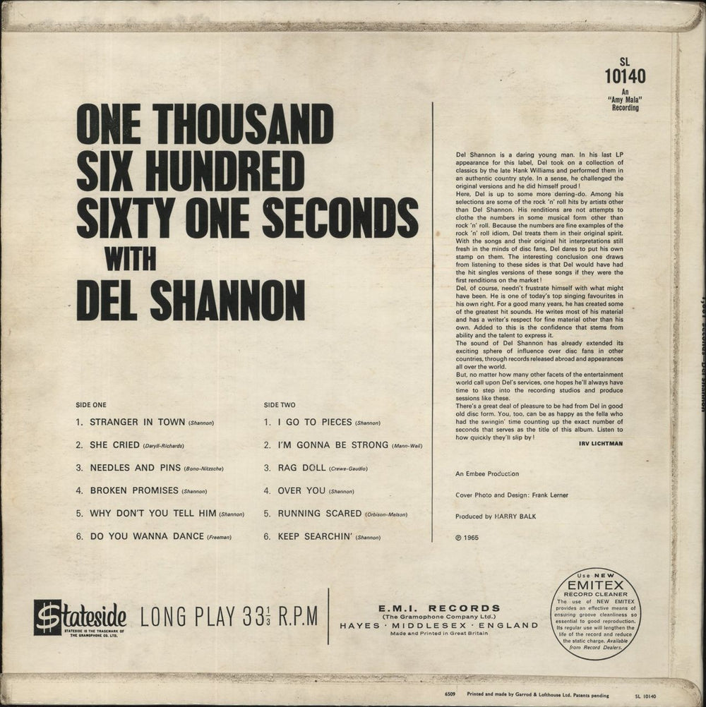 Del Shannon One Thousand Six Hundred Sixty One Seconds With Del Shannon - VG UK vinyl LP album (LP record)