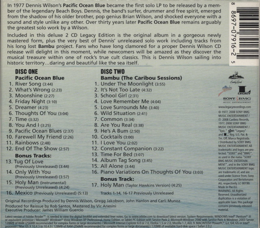 Dennis Wilson Pacific Ocean Blue: Legacy Edition UK 2 CD album set (Double CD) 886970791625